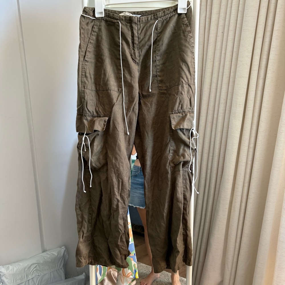100% linen drawstring Max Studio Olive Cargo Pants